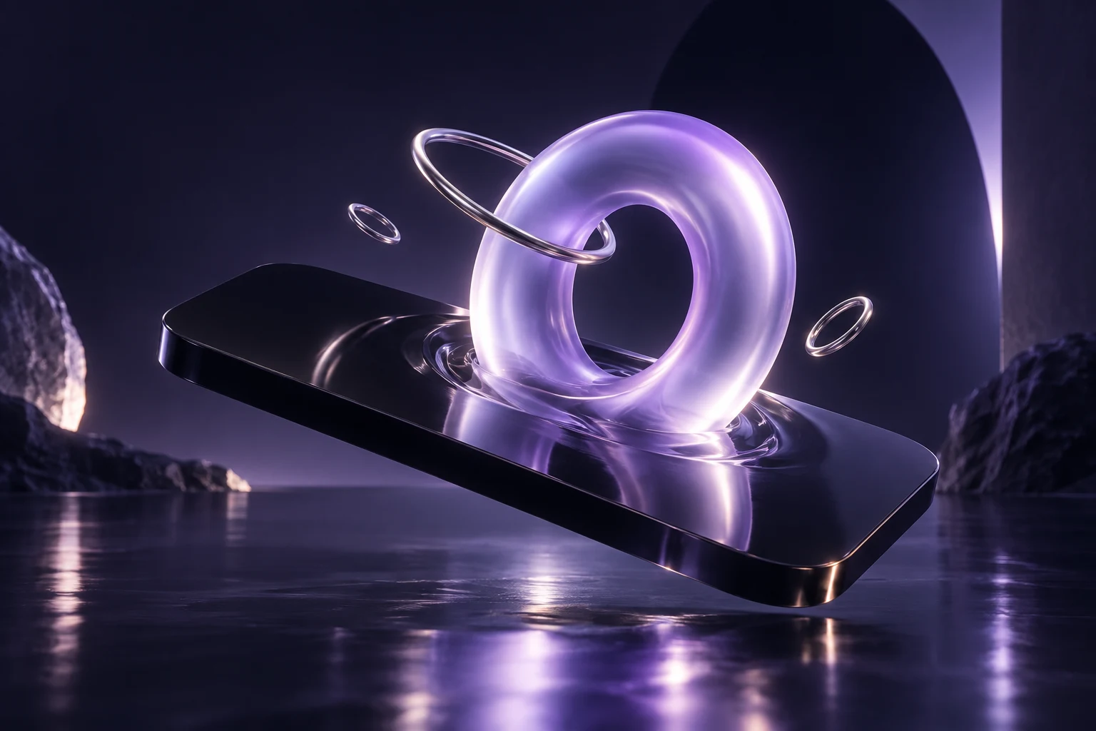 HOLE concept: a luminous portal emerging from a dark glass interface